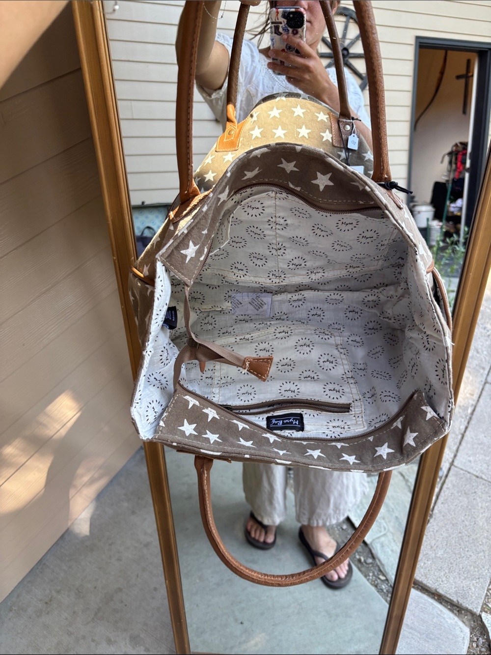 Myra Bag Taupe Star Canvas Tote with Brown Handles and White Stars - Picture 4 of 7